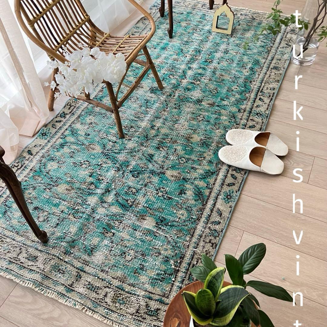 スカイブルー✳︎91×192✳︎ペールグレー　満載フラワー　トルコヴィンテージラグ