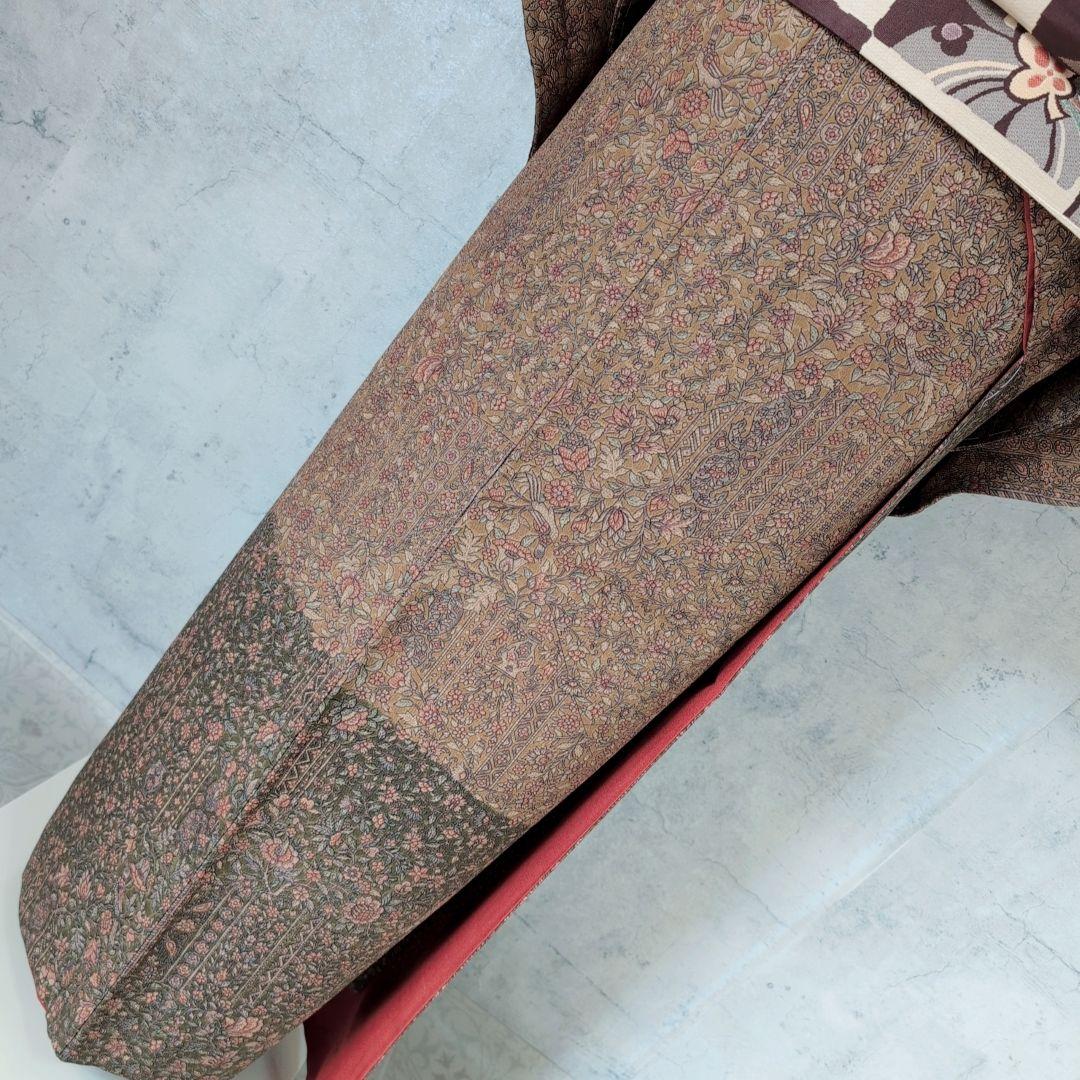 小紋付け下げ　フルセット　着物　正絹　ブラウン　深緑　更紗　花　しつけ糸　F6