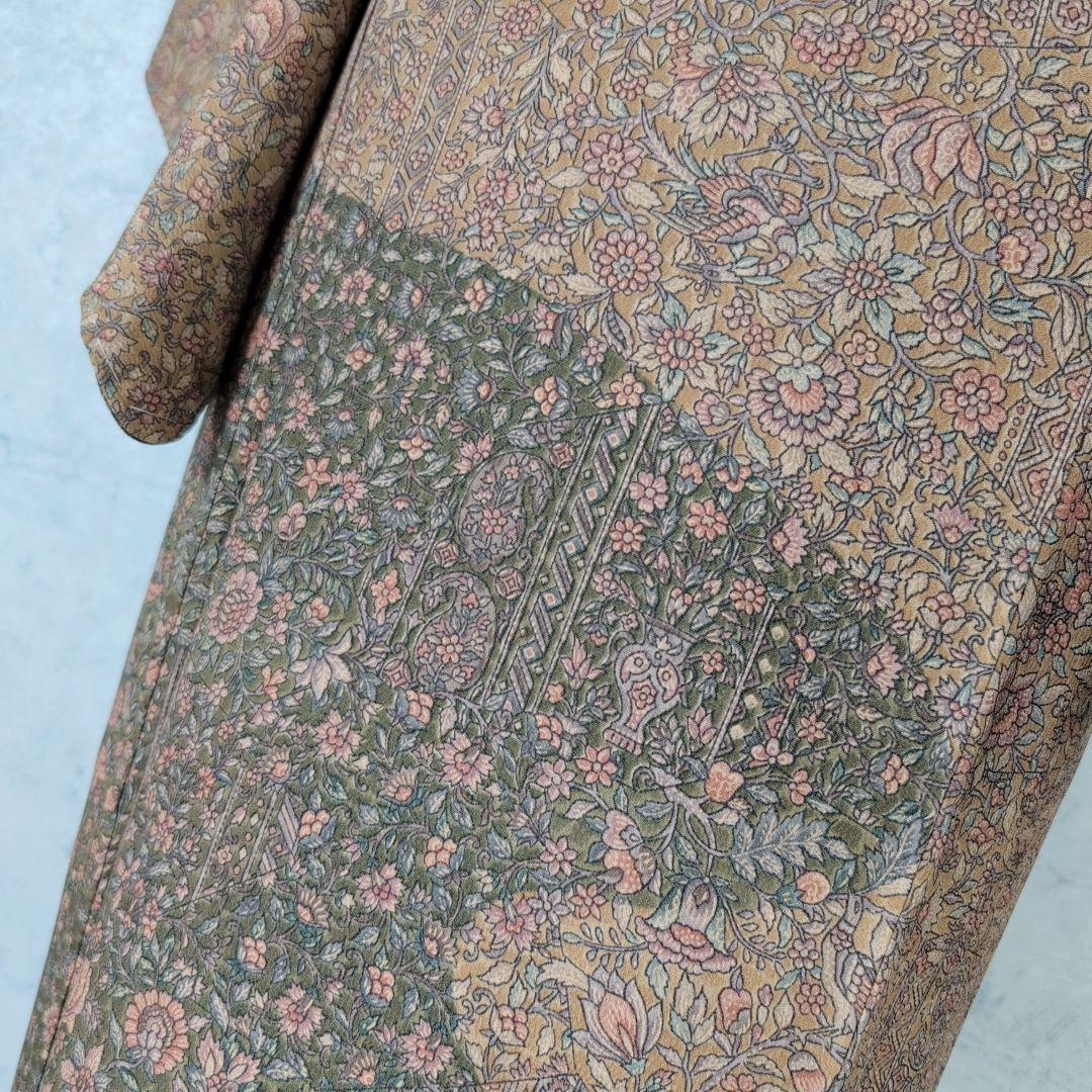 小紋付け下げ　フルセット　着物　正絹　ブラウン　深緑　更紗　花　しつけ糸　F6