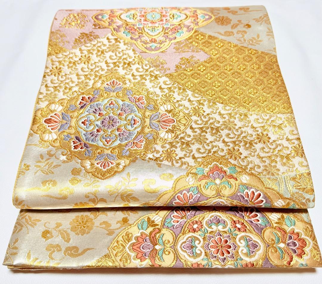 高級 袋帯 正絹 六通柄 西陣織 花文様 ゴールド 唐織 訪問着 色無地 留袖