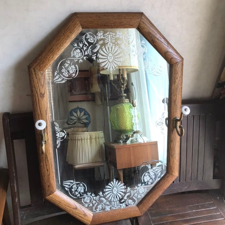 貴重特大★アメリカアンティーク　フック付き壁掛けミラー鏡　USAヴィンテージ家具