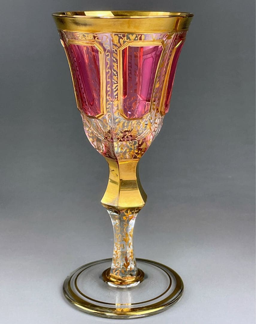 ボヘミア パネルグラス ２個セット クランベリー被せ ワイングラス クサック