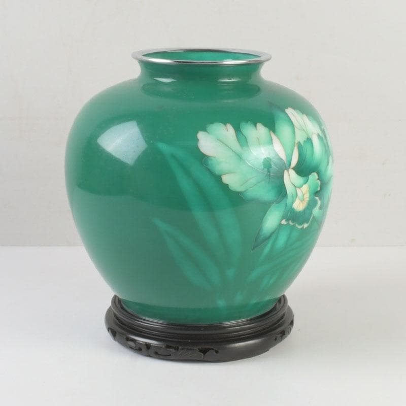 七宝焼　緑釉　花文　花瓶　唐木台付　共箱　V　9833A