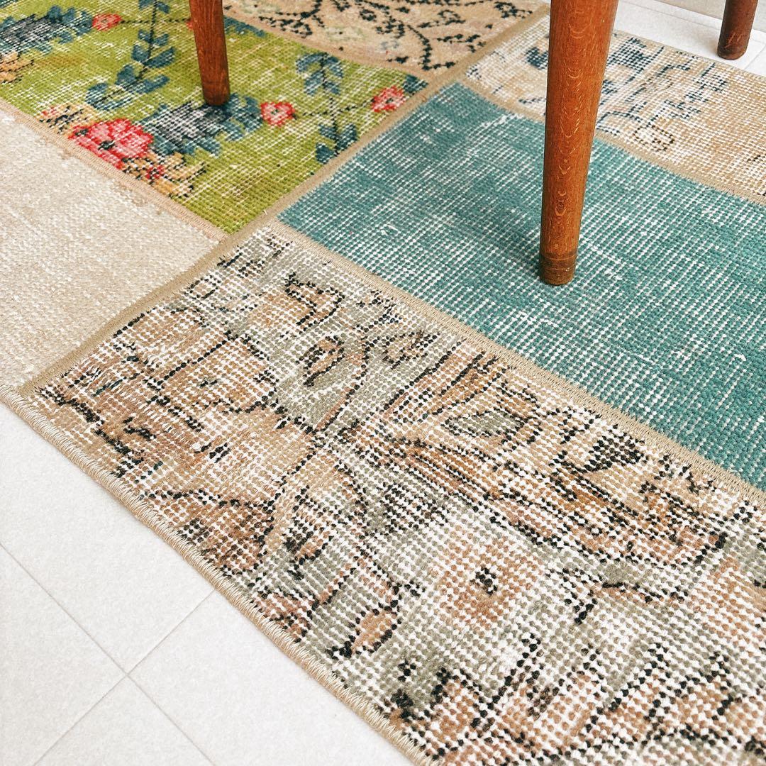 トルコ　ヴィンテージ　ラグ　パッチワーク　グリーン　ベージュ
