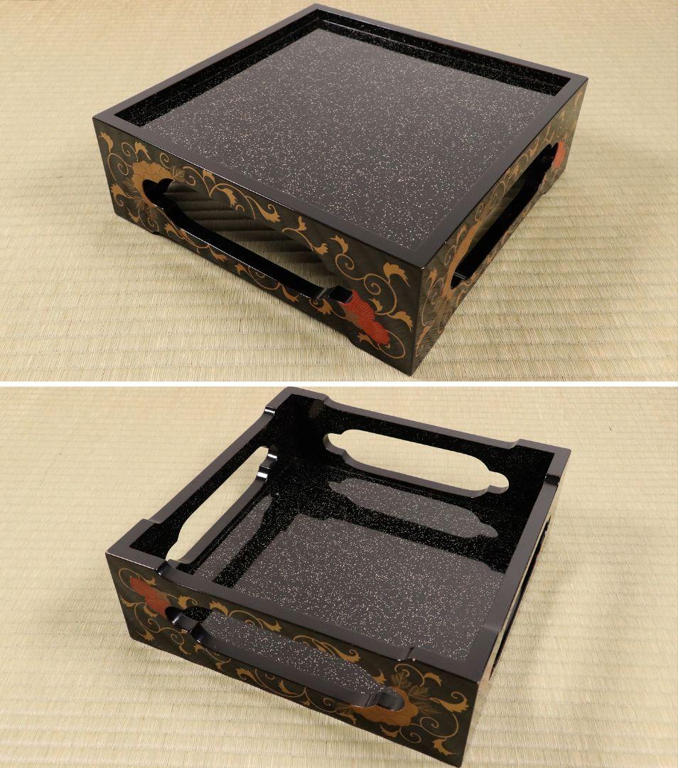 時代 牡丹唐草金蒔絵 黒塗 梨地 五段重 重台 桔梗紋 松鶴 共箱【MA120】