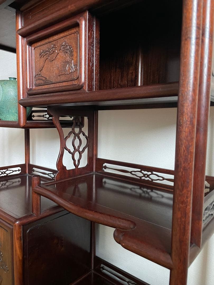 【匿名送料込み】天然木 茶棚 和風 古道具 和室家具 唐草透彫 高級家具