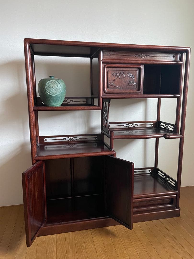 【匿名送料込み】天然木 茶棚 和風 古道具 和室家具 唐草透彫 高級家具