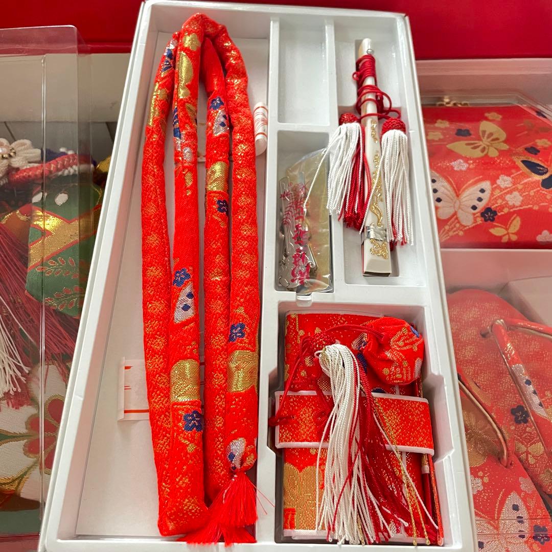 縁起の良い扇柄の七五三 7歳 着物 袋帯 長襦袢 小物セット オレンジ グリーン