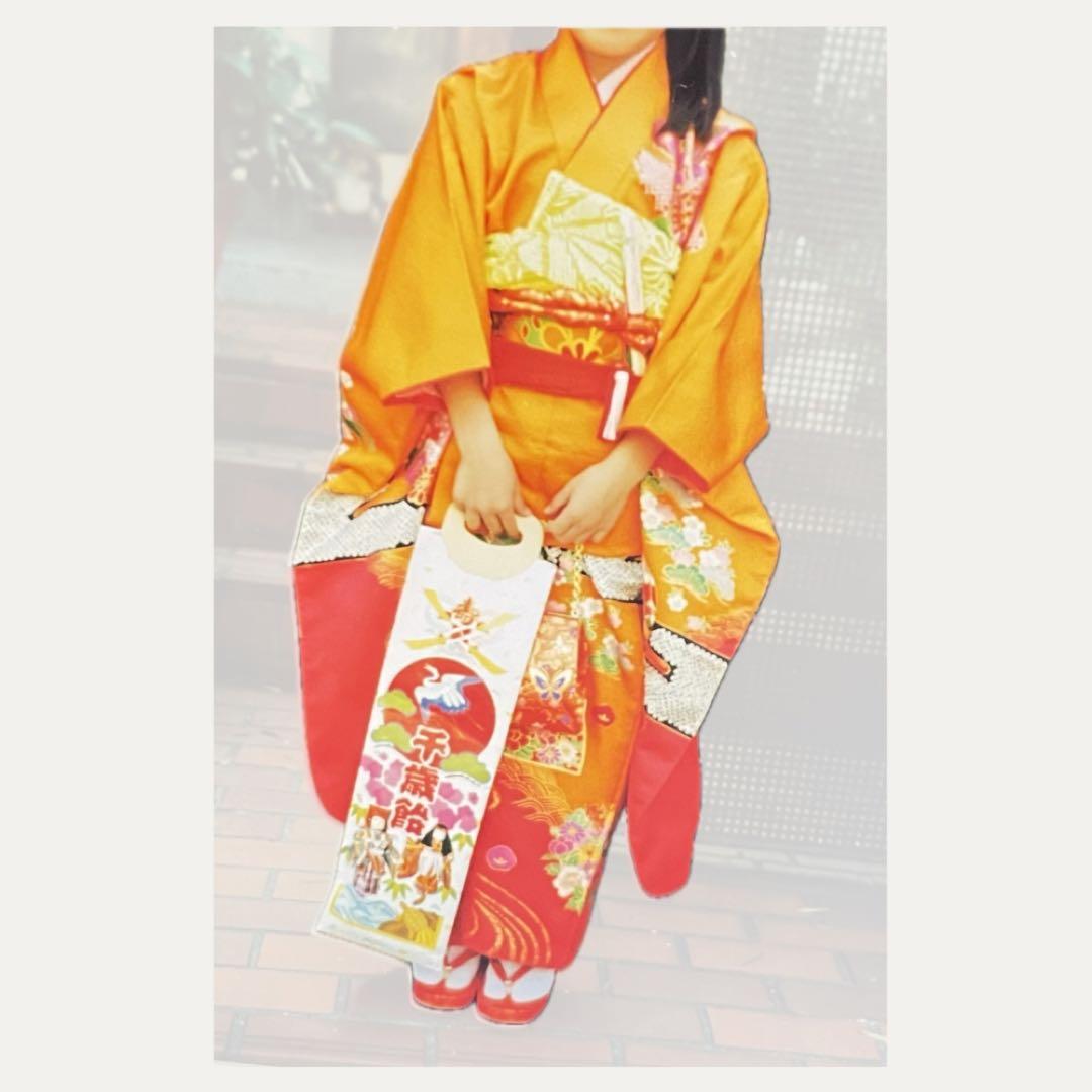 縁起の良い扇柄の七五三 7歳 着物 袋帯 長襦袢 小物セット オレンジ グリーン