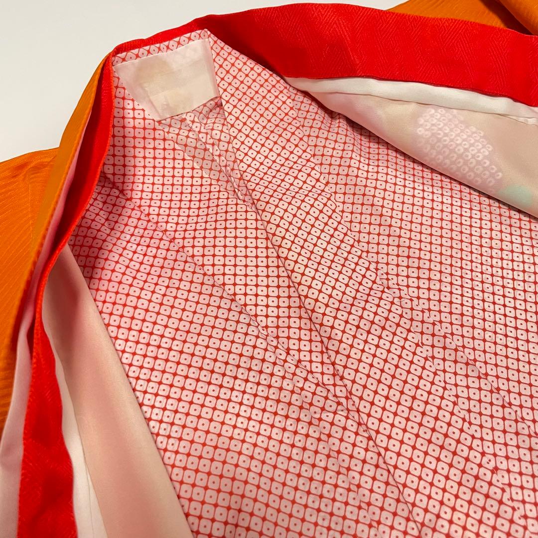 縁起の良い扇柄の七五三 7歳 着物 袋帯 長襦袢 小物セット オレンジ グリーン