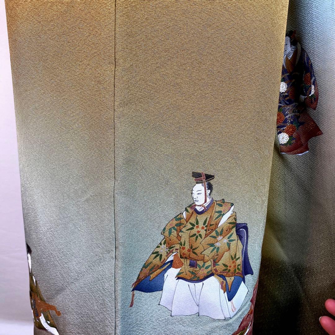 1968★角度で見える唐草地紋様★オリーブ色　静穏　雅楽人物柄★訪問着セット★