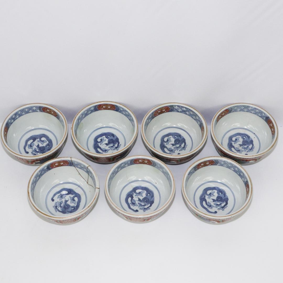 冨貴長春　蓋付茶碗　錦絵 染付 金彩 古伊万里　7客　吉祥　1客に金継ぎ有り