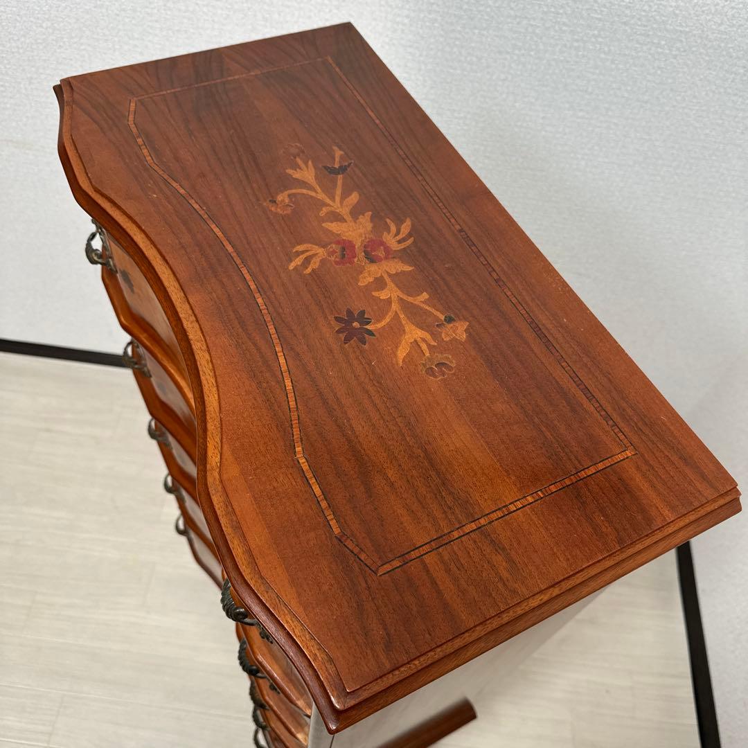 イタリア製 チェスト 5段5杯 象嵌細工 象嵌 金属取手 猫脚 i4※