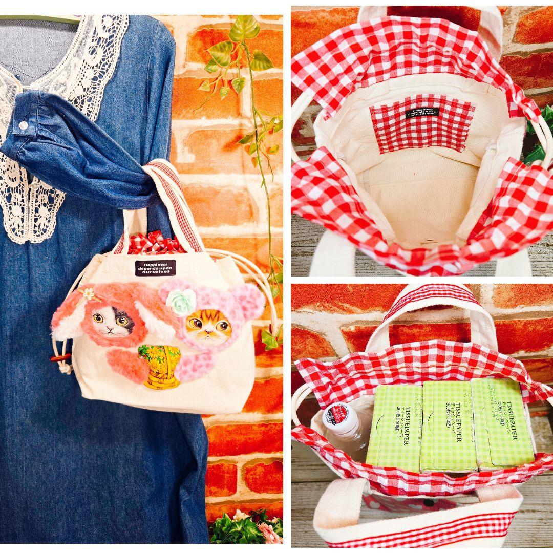 黒*こ様 ふわモコ★ダブル猫ちゃん【巾着トートバッグ】コヤンイサムチョン