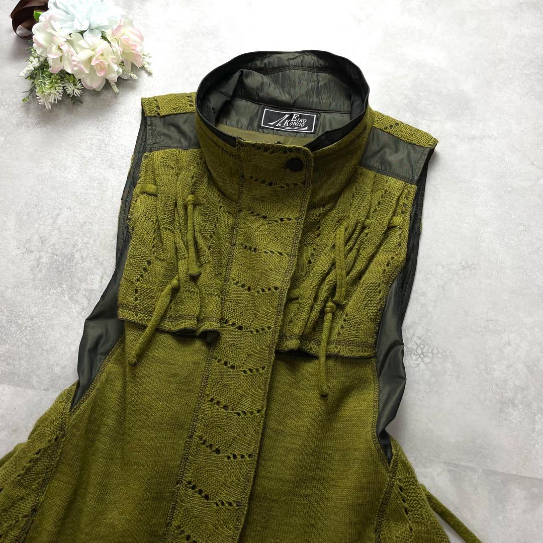 お洒落✨エイココンドウ ロングワンピース ロングジレ グリーン ニット 異素材