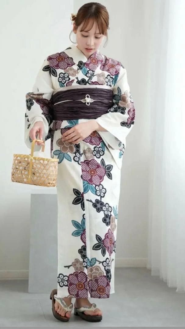 utatane 兵児帯・浴衣2点セット きなりに紫の疋田梅 3L 大きいサイズ