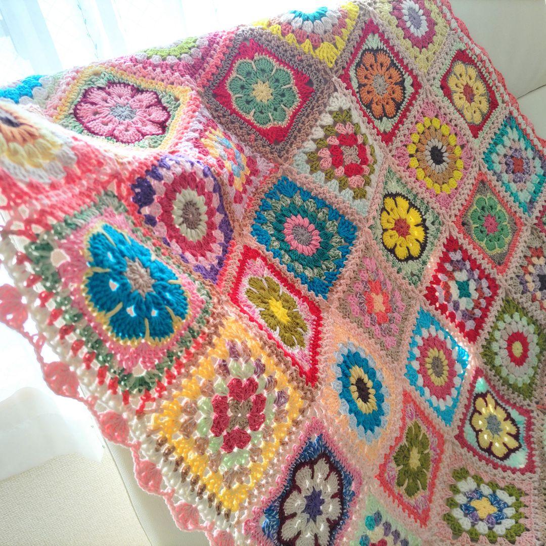 手編みブランケットmix★グラニースクエア★カラフル★フラワー★かぎ針編み