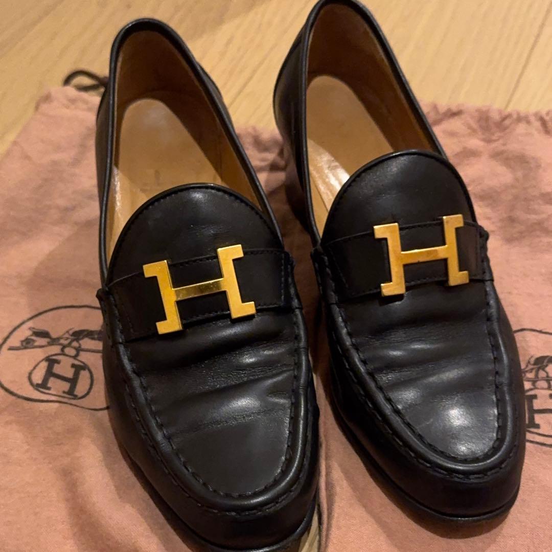 【24cm】HERMES 黒ローファー コンスタンス エルメス 37 1/2