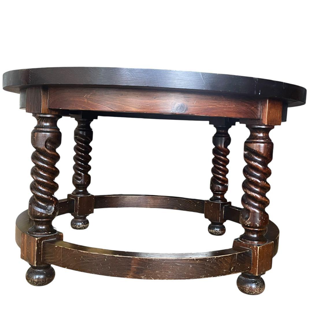 スペイン ビンテージ 彫刻 ラウンド 丸 ローテーブル ガラス天板 直径80cm