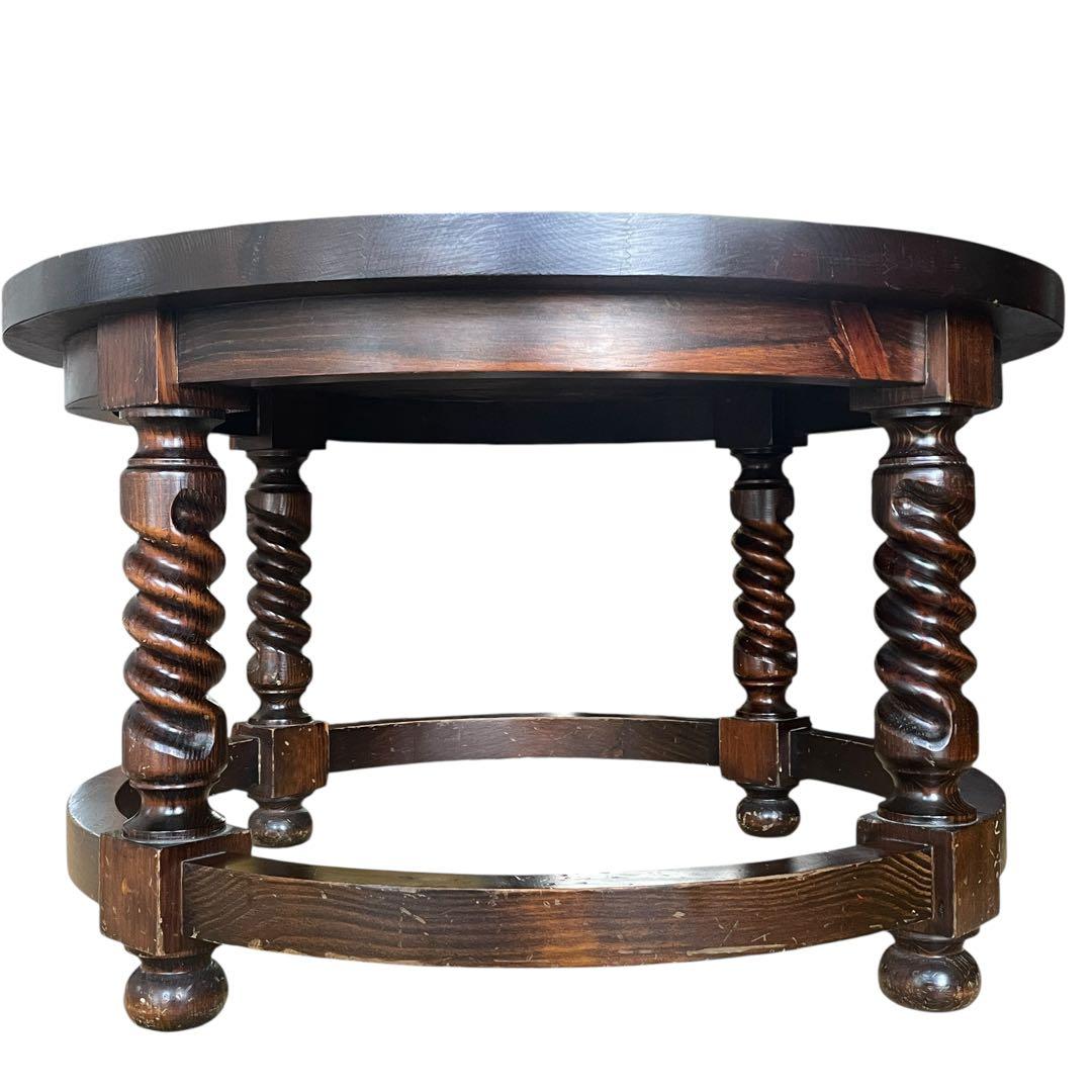 スペイン ビンテージ 彫刻 ラウンド 丸 ローテーブル ガラス天板 直径80cm