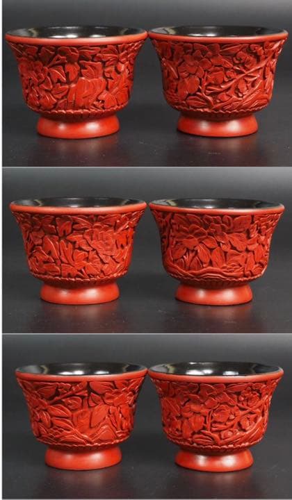 送料無料　60-70年代 北京彫漆場精製 堆朱煎茶碗5客 ★珍品★