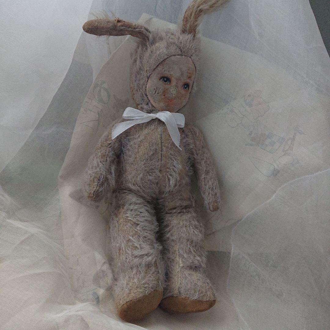 イギリスアンティーク　クロスフェイスドール　グレー　モヘア　バニードール