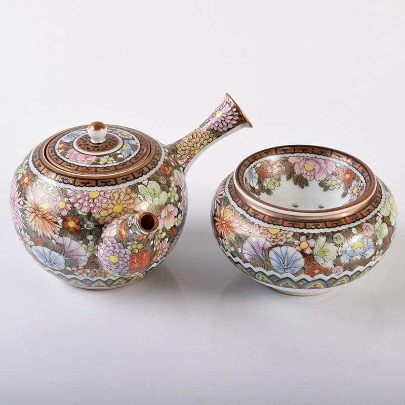 ぶりぶり煎茶道具　九谷焼　長寿造　色絵金彩　百花文　茶器揃　K　R8034