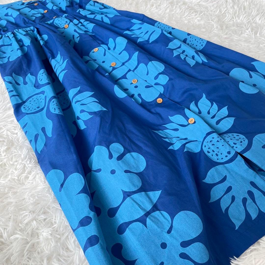 美品ハワイ製生地Mahaloロングワンピース南国モンステラパイナップル青リゾート