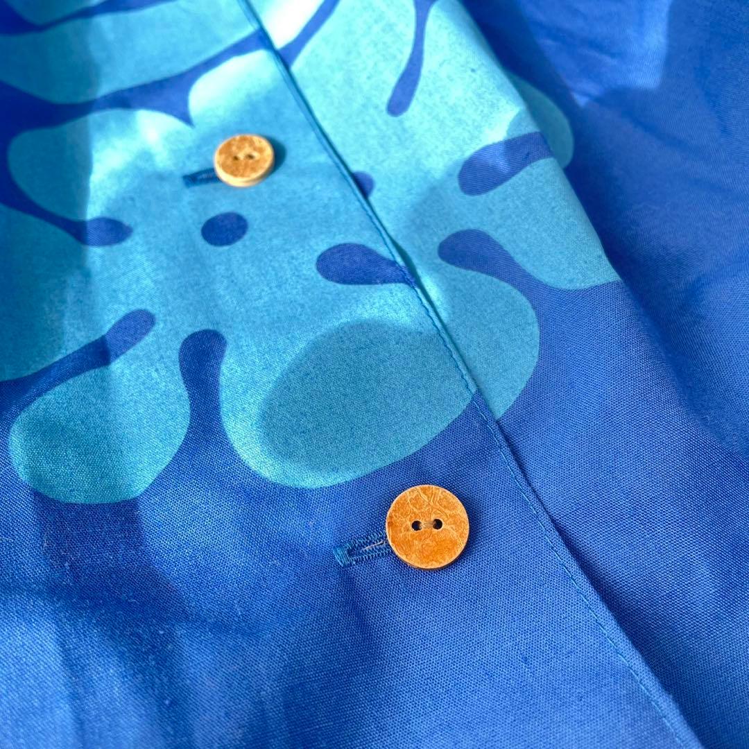 美品ハワイ製生地Mahaloロングワンピース南国モンステラパイナップル青リゾート