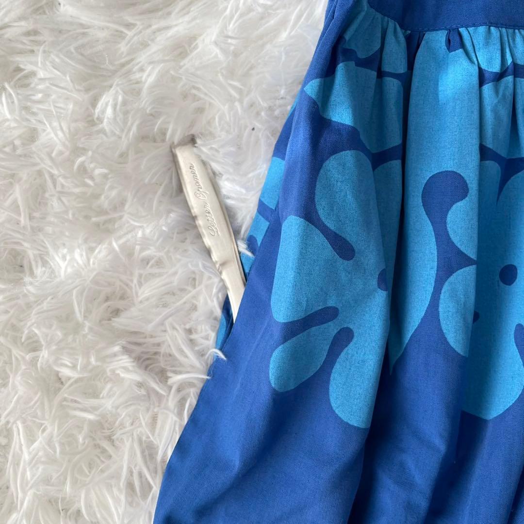 美品ハワイ製生地Mahaloロングワンピース南国モンステラパイナップル青リゾート