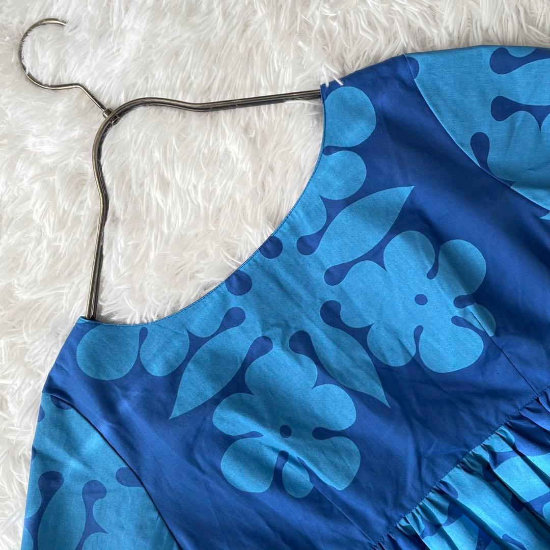 美品ハワイ製生地Mahaloロングワンピース南国モンステラパイナップル青リゾート