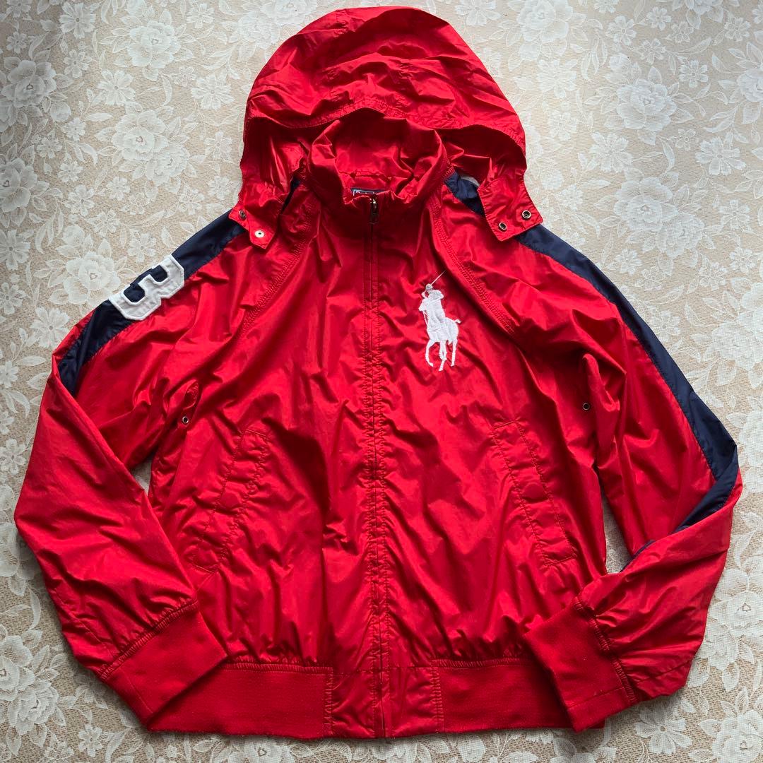 ポロバイラルフローレン　フード内蔵　ブルゾン170赤×ネイビー　ビッグポニー刺繍