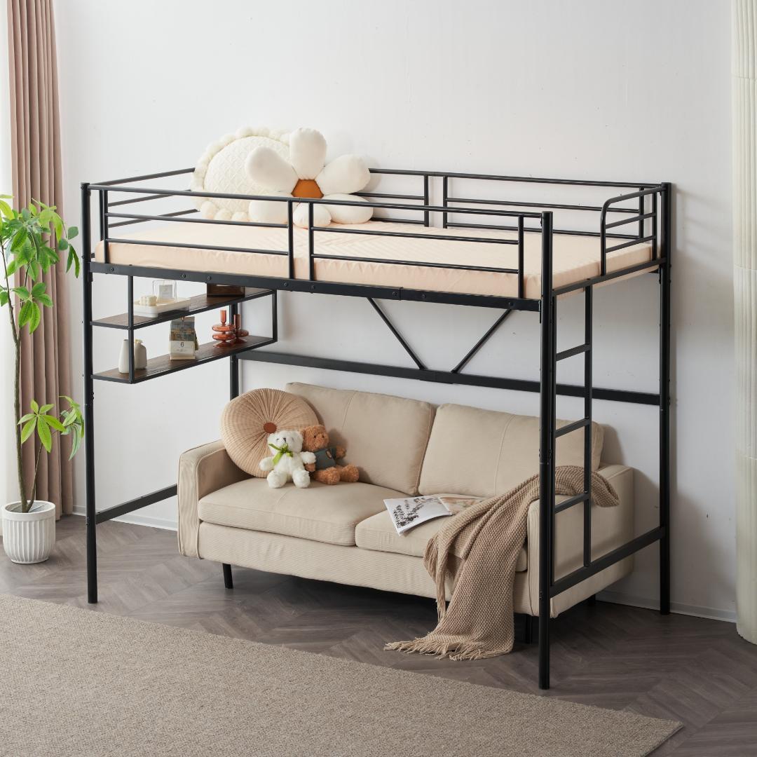 超人気！ロフトベッド パイプベッド サイド棚付　子供部屋 耐震 BLACK