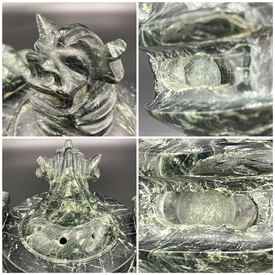 蛇紋石 彫刻 象耳遊環付 三足香炉 天然石 香炉 高さ19cm 重量3kg