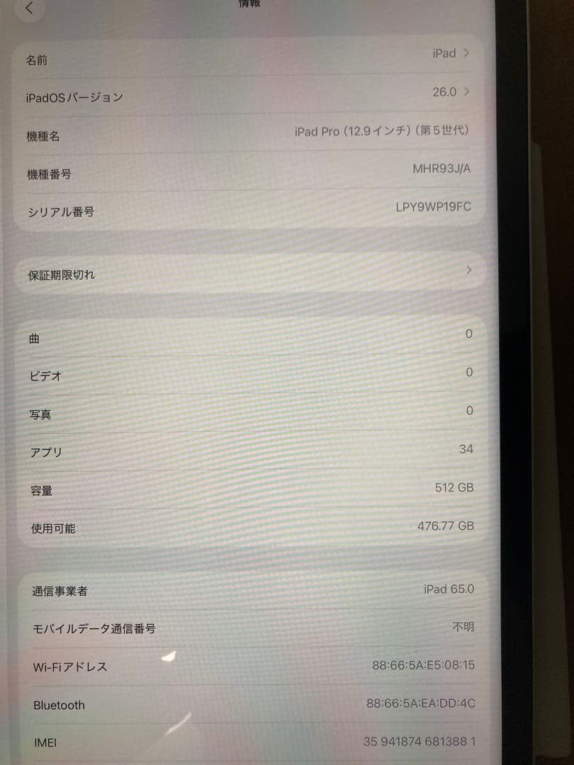 iPad Pro 12.9インチ 第5世代 512GB セルラーモデル