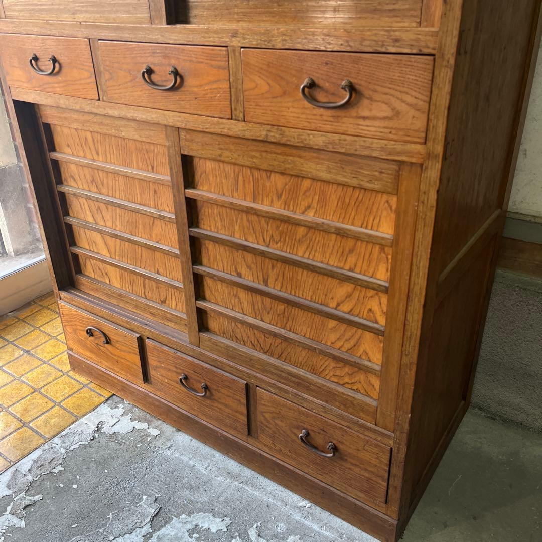 水屋箪笥 昭和初期 ガラス扉 キャビネット 引き出し三杯