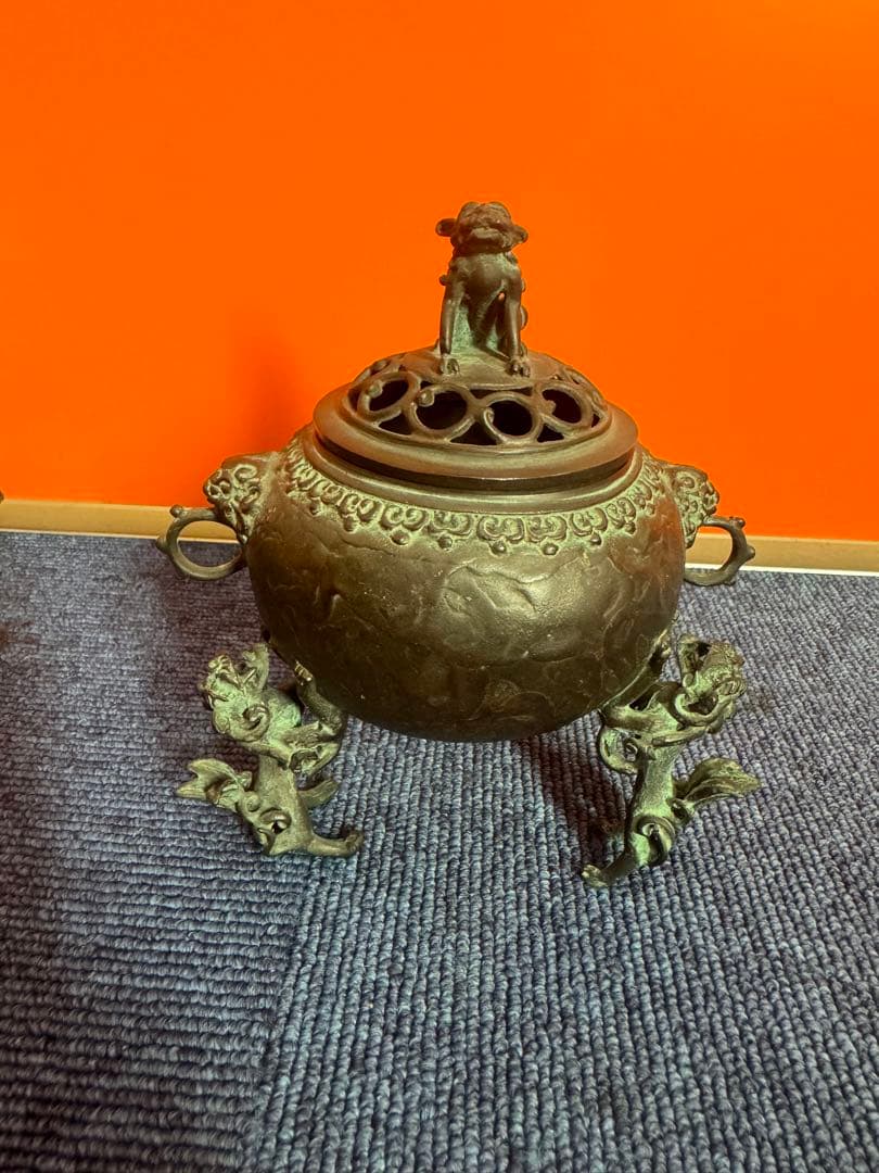 1817 高岡銅器　須賀七郎作　月芳　蝋型鋳銅　三獅子　香炉　時代物