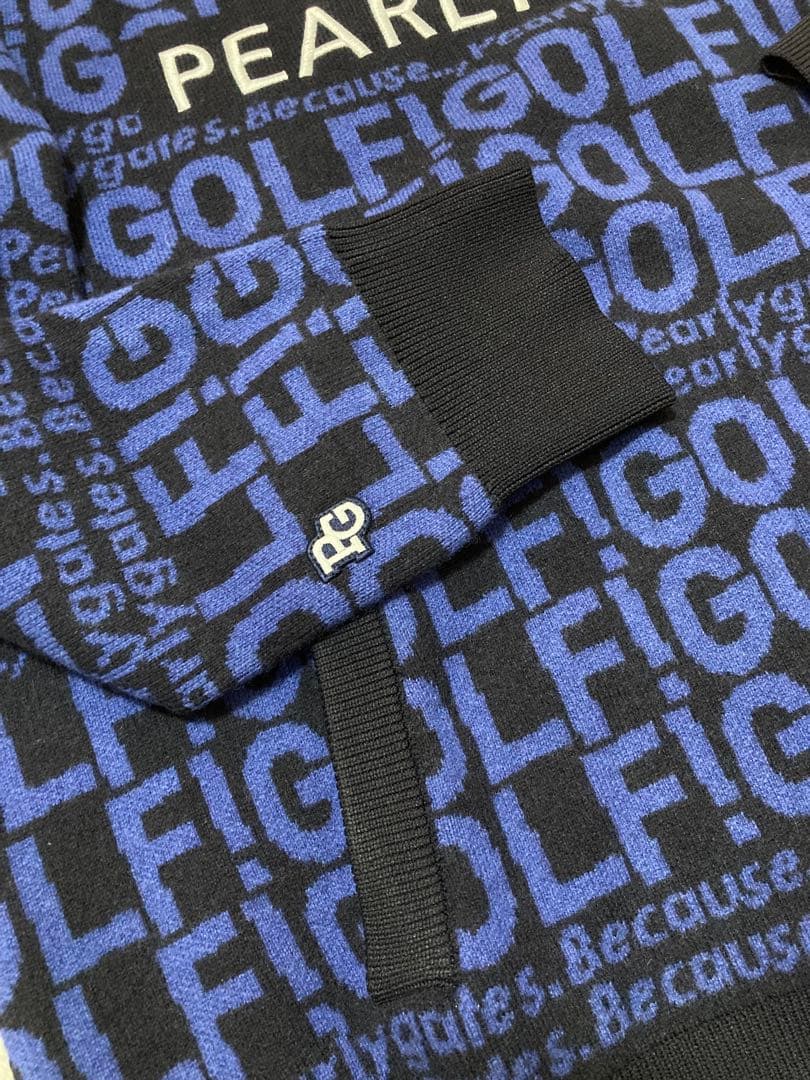 新品 パーリーゲイツ GOLF柄ジャガード ニット フーディ(5)サイズL/紺