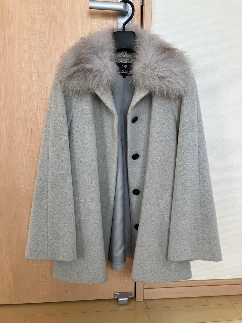 23区 グレー アンゴラ ウール コート ブルーフォックス ファー付き