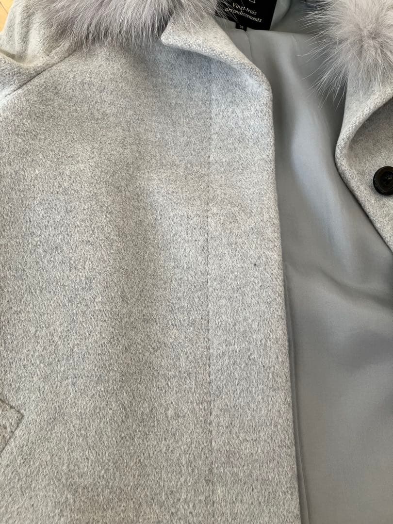 23区 グレー アンゴラ ウール コート ブルーフォックス ファー付き