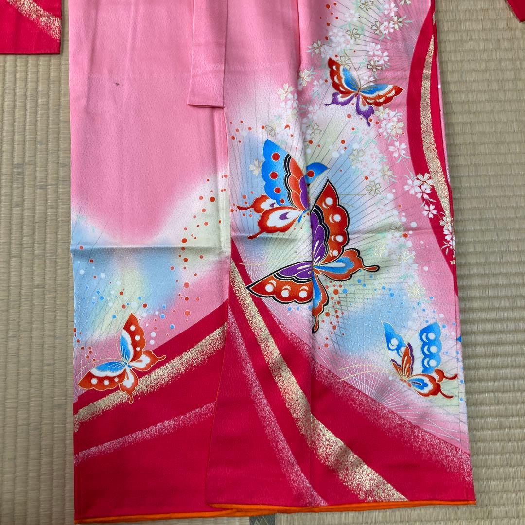 女の子　七五三　着物 ピンク 蝶模様 帯付き