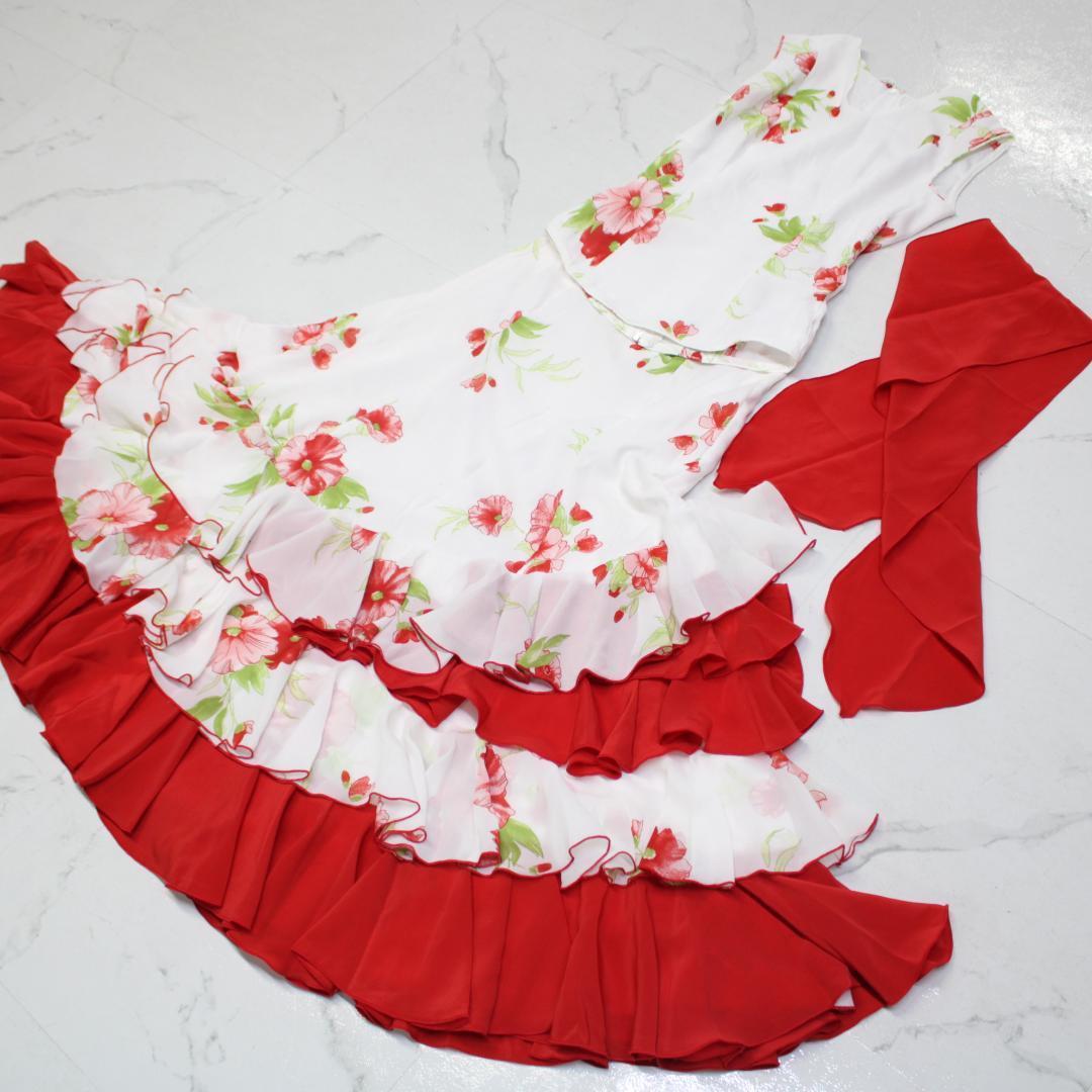 【フラメンコ衣装】ホワイト×豪華ボランテ 上下セット ツーピース セットアップ