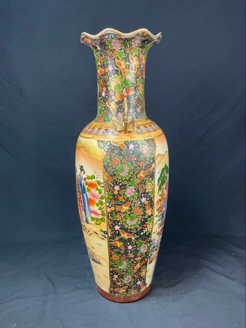 薩摩焼 特大 飾壺 金彩 美人画 金襴手 双耳 花蝶図 青粒置物 花瓶