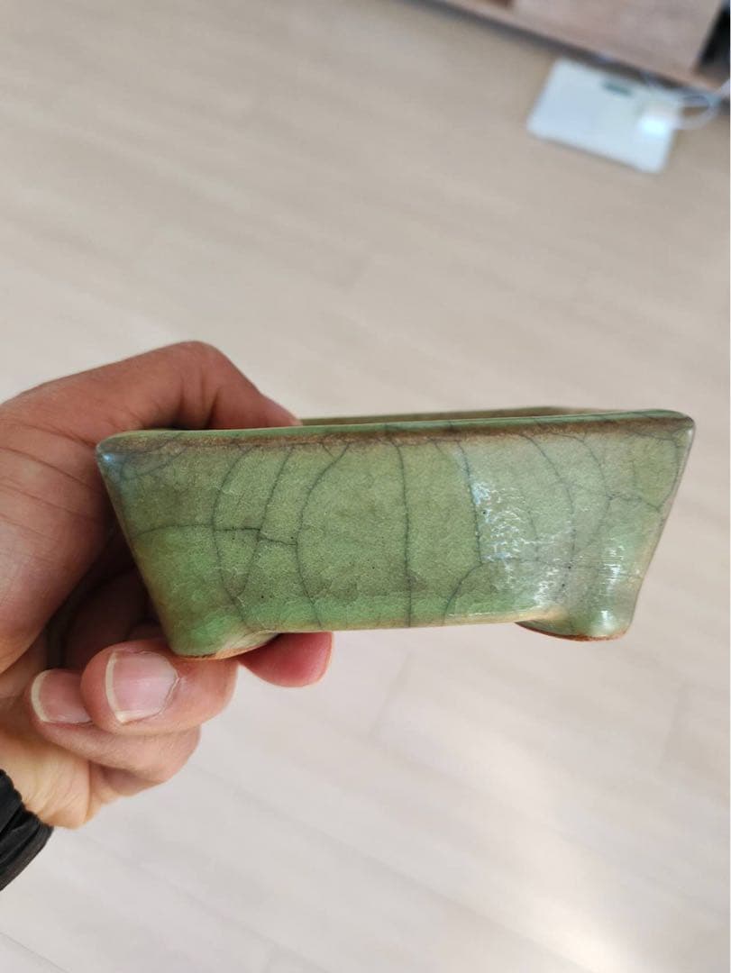 782.暁雲 緑貫入釉長方 盆栽鉢 植木鉢 10*8.7*4.2cm
