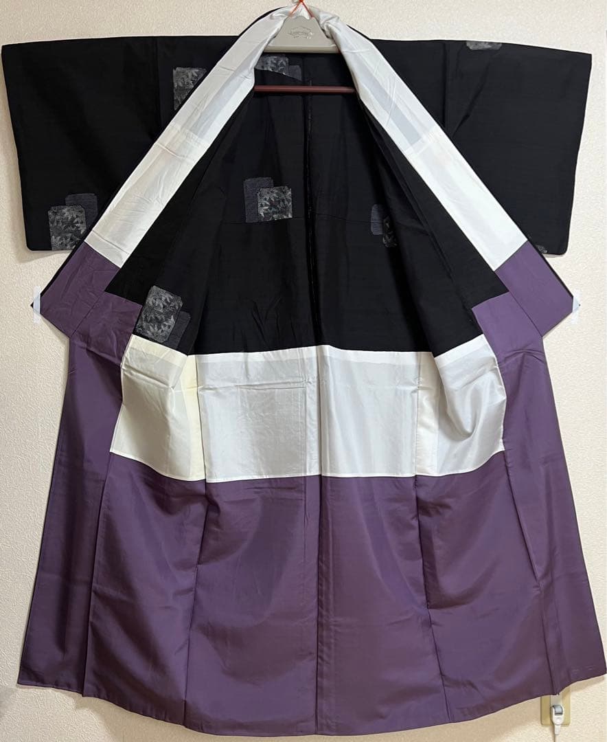 rk-1138 紬 名古屋帯 2点セット 幾何学に葉文様 正絹 黒