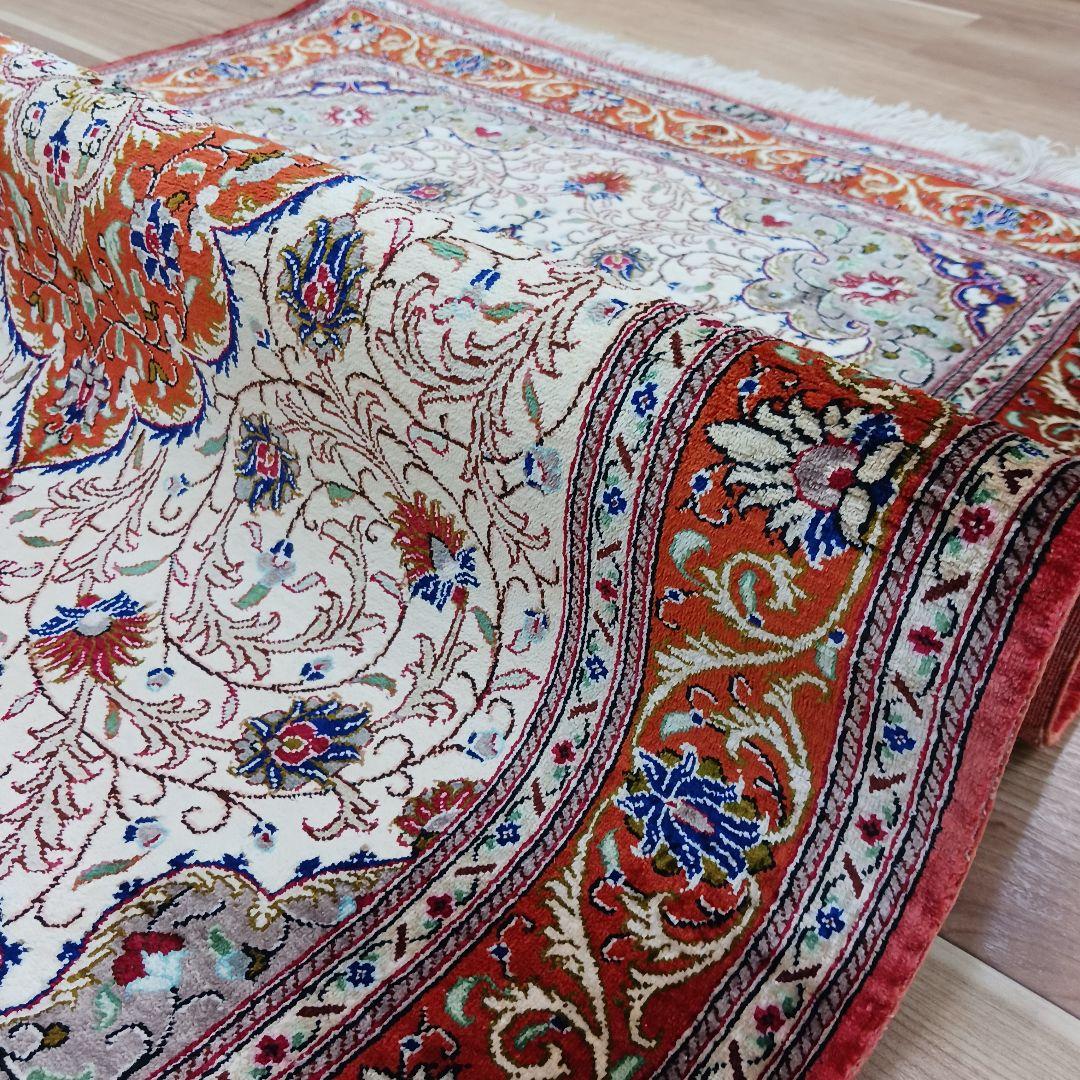 Y3292 高級ペルシャ絨毯 クム産 工房サイン シルク100% 手織り