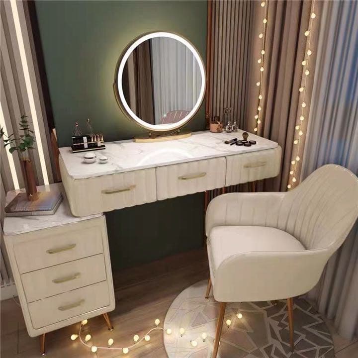 オシャレドレッサー　グレー　デスク引き出し3杯LEDミラー　椅子　棚4点セット