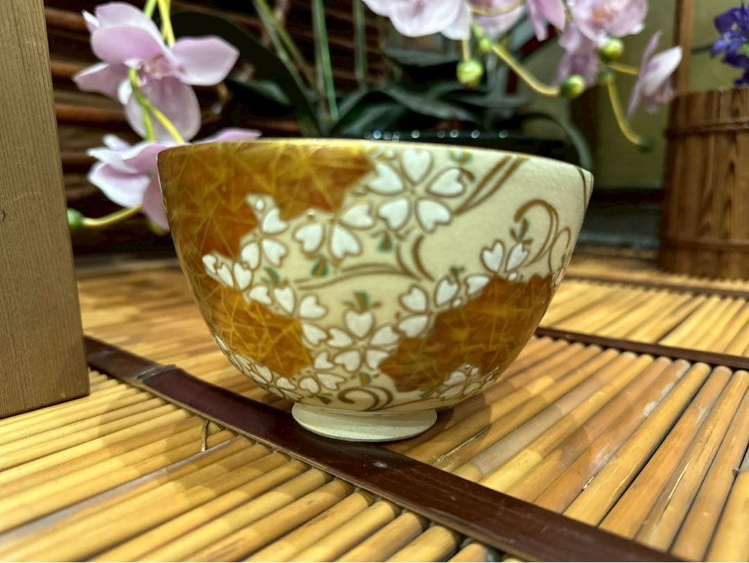 未使用 京都 清閑寺窯 杉田祥平造 色絵仁清 茶碗 茶道具 共箱