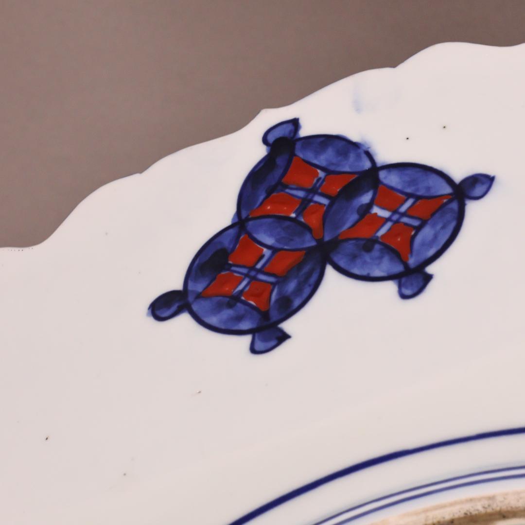 BK301　明治期　古伊万里　色絵小紋芍薬図　六角　大皿　大日本 肥蝶山 乃口製