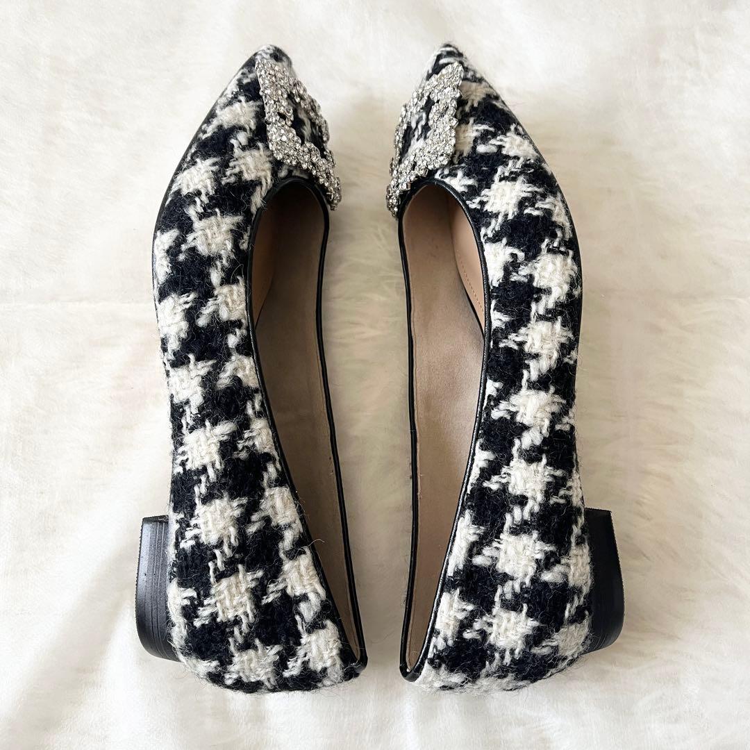 新品未使用✨OHGA オオガ　ツイード　千鳥柄　フラットシューズ　ビジュー